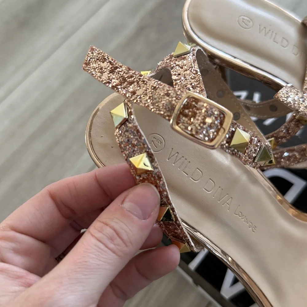Wild Diva Lounge Rose Gold Strappy Studded High Heels 7.5 New